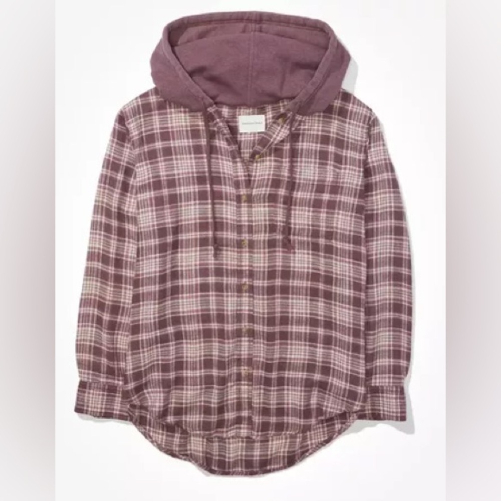 American Eagle Outfitters oversized Plaid Hooded Button Up Flannel Shirt